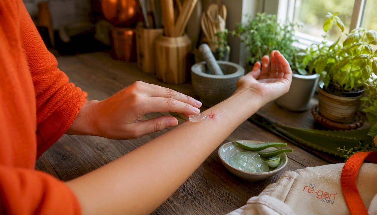 Hands applying aloe vera gel to wound