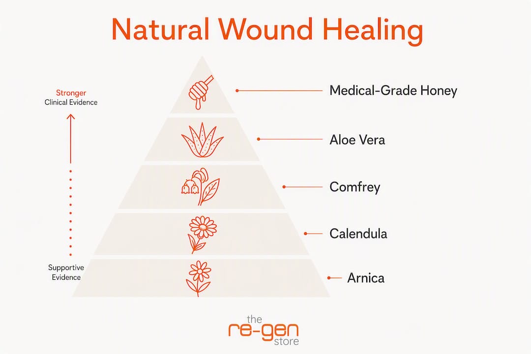 Infographic showing natural wound healing ingredients ranked by evidence