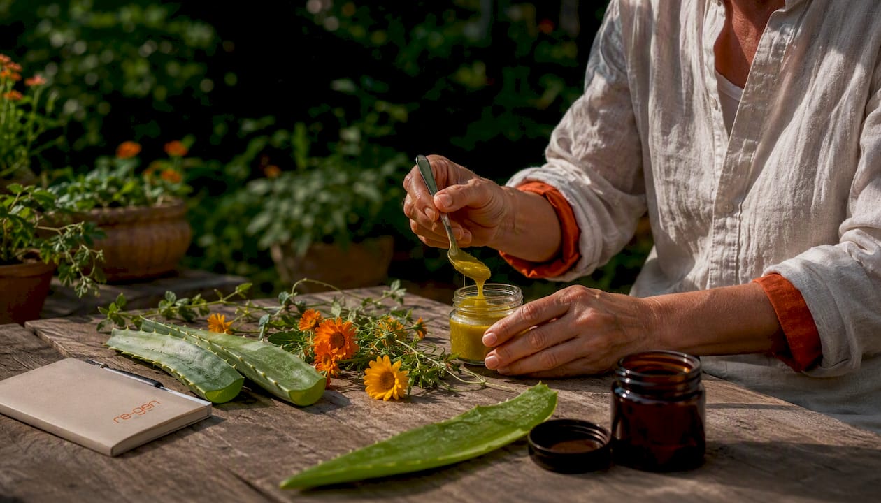 Hands preparing herbal wound care botanicals