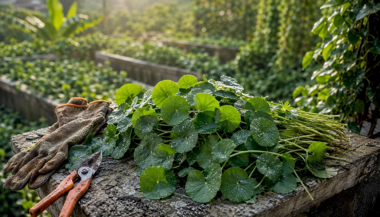 Fresh Centella asiatica leaves in garden