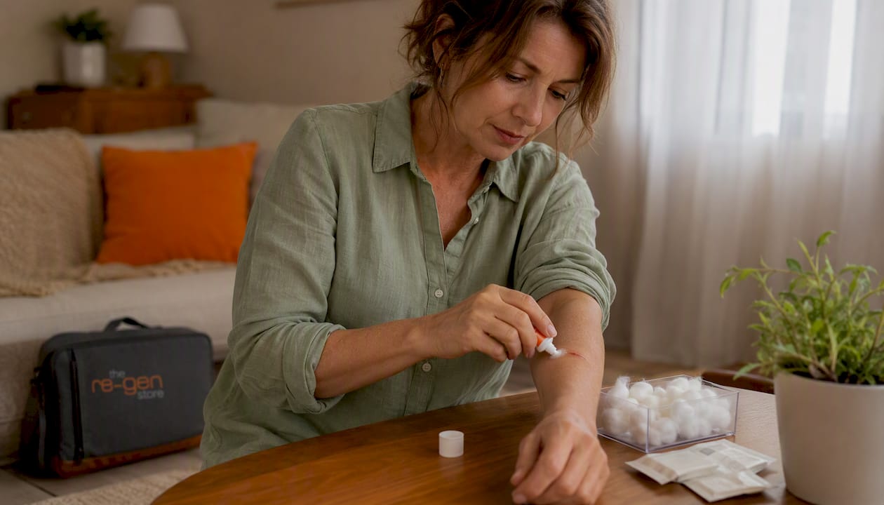 Woman applying ointment to forearm wound