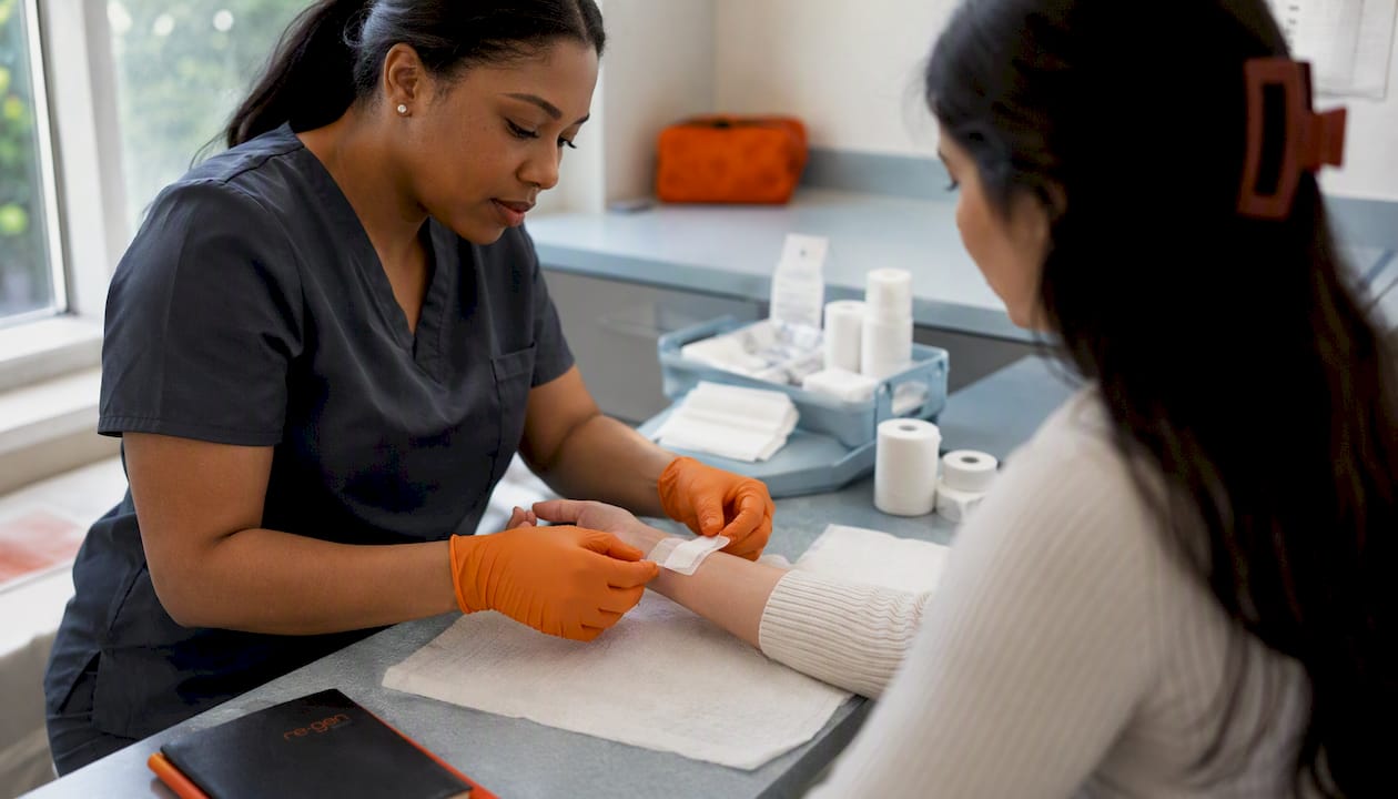 Hands applying non-stick wound dressing