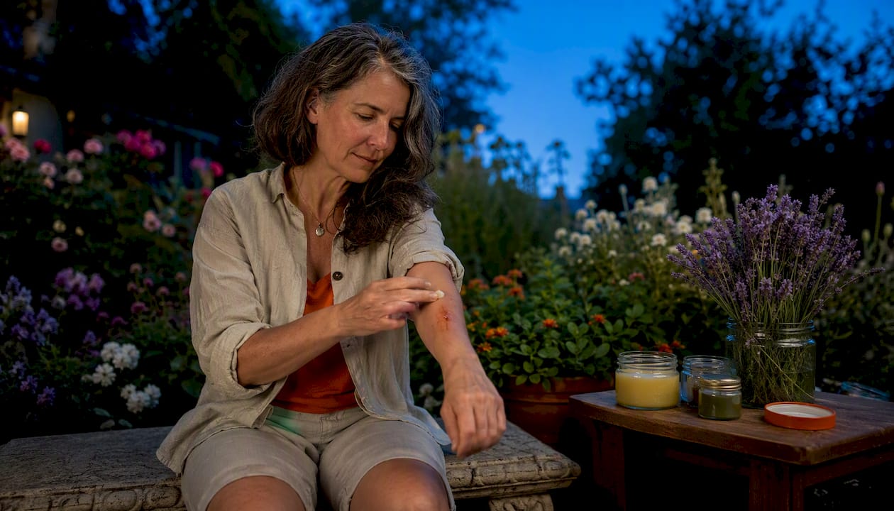 Woman applying plant-based ointment outdoors