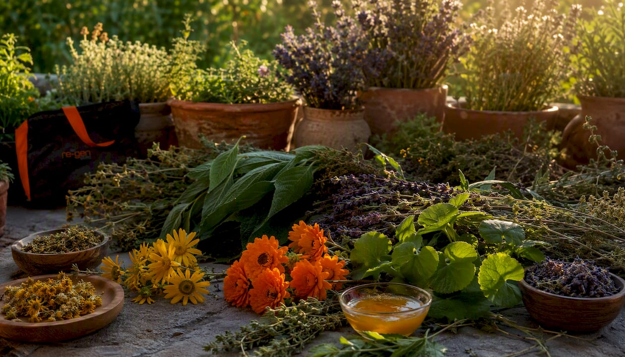 Close-up of natural skin healing ingredient collection