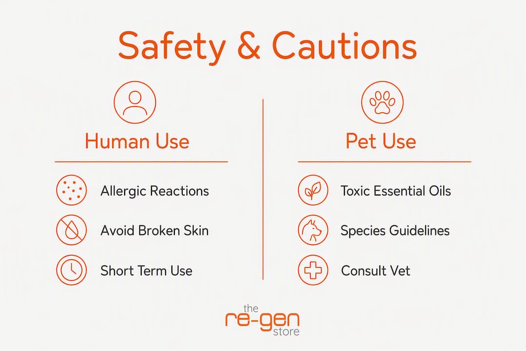 Infographic on safety risks and pet cautions for plant-based ointments