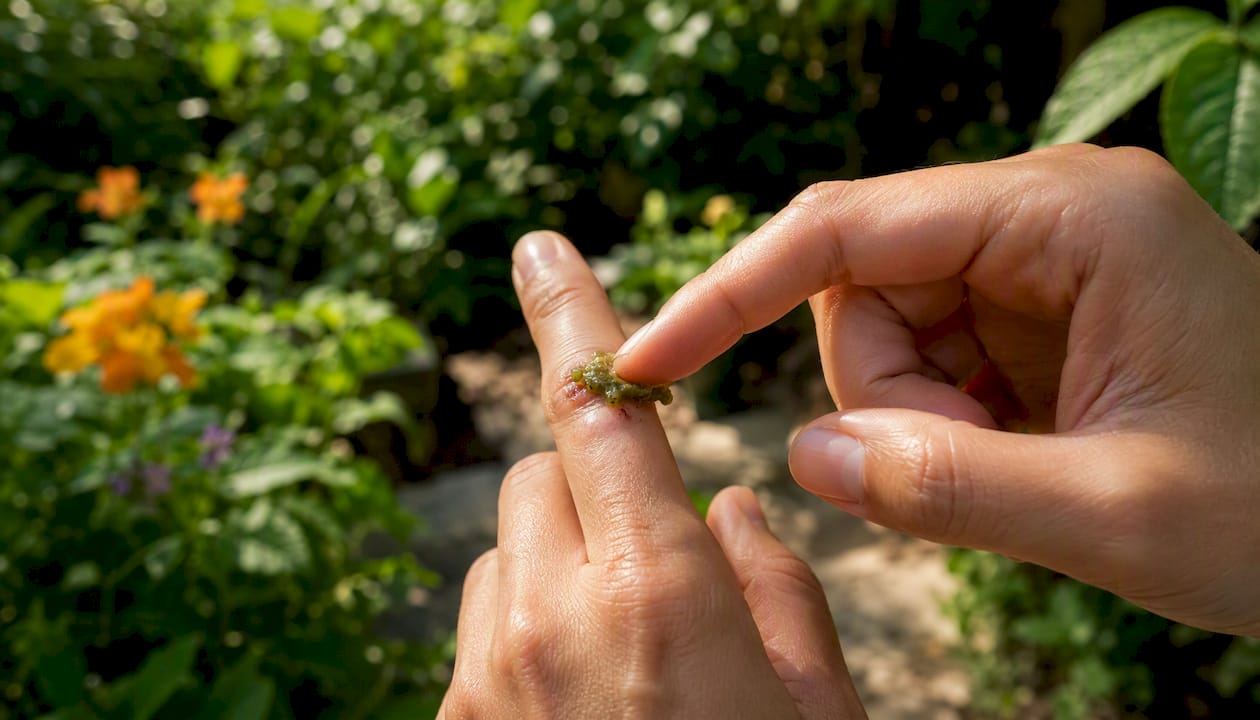 Applying plant-based ointment on healing skin wound