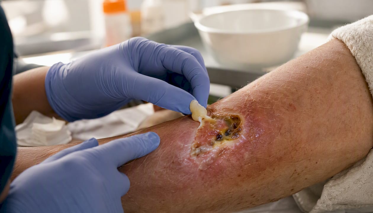 Gloved hands applying enzymatic debridement on wound