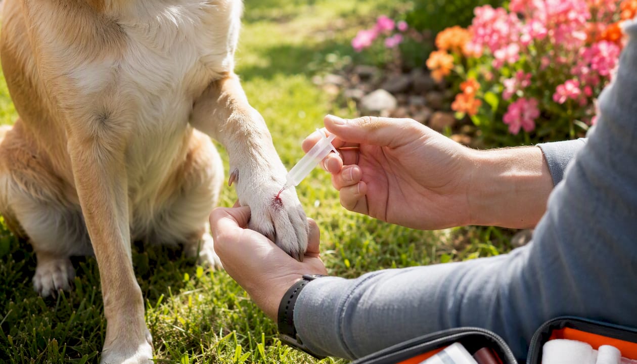 Close-up of dog paw being gently flushed with saline by owner