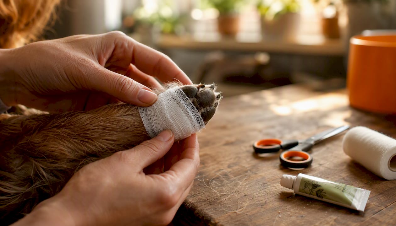Hands applying bandage to dog's paw pad injury
