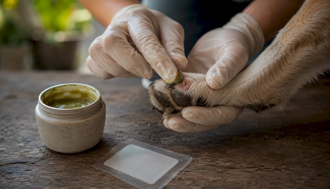 Gloved hand applying plant-based ointment on dog's paw wound