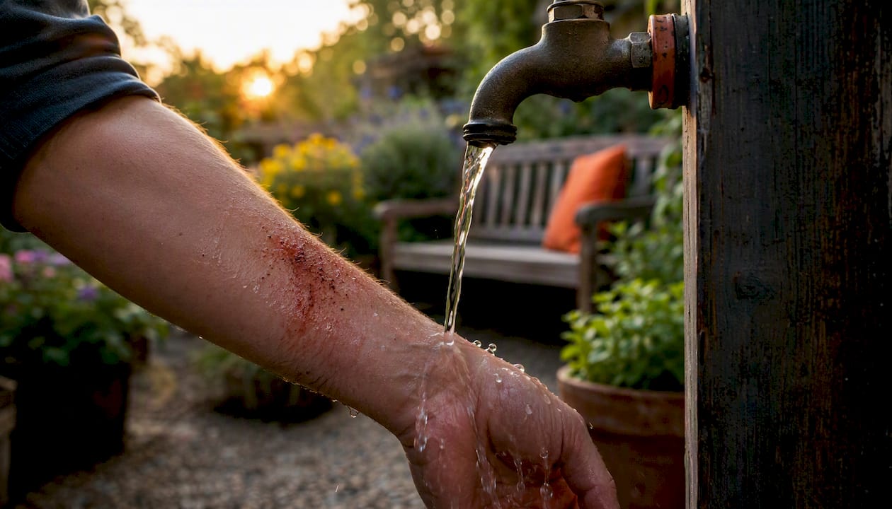 Close-up of arm rinsing road rash under faucet