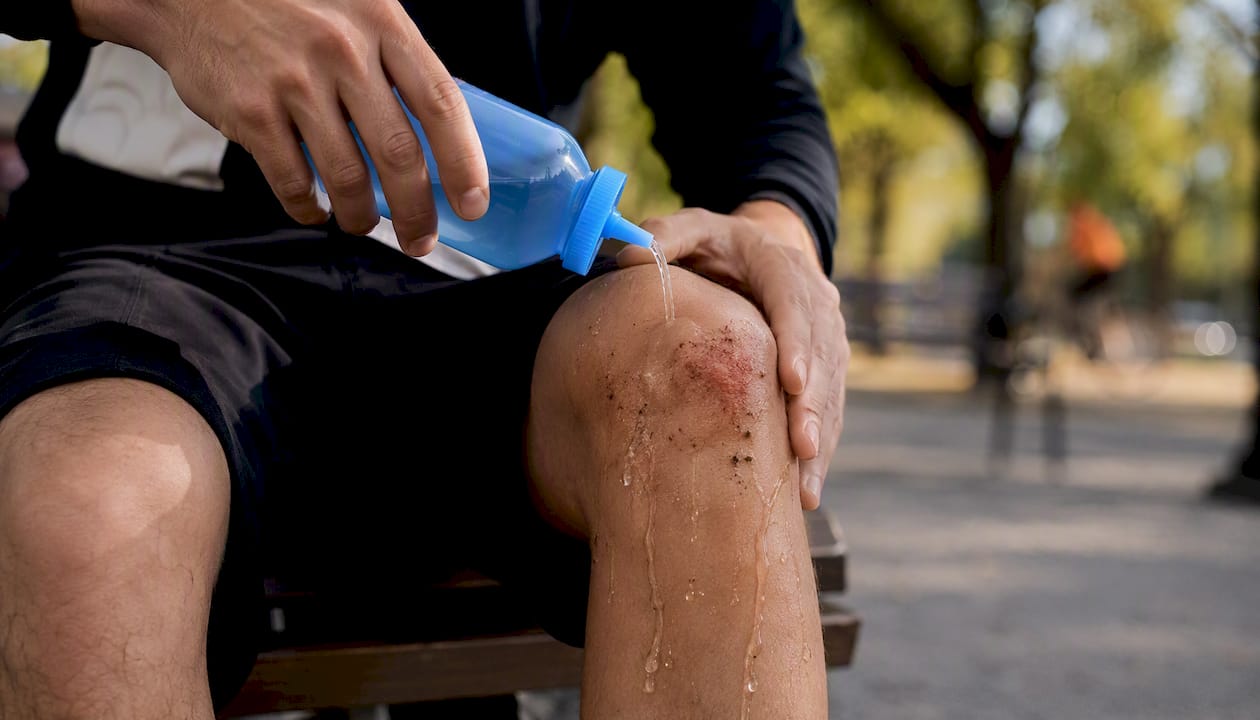 Hands irrigating road rash on knee outdoors