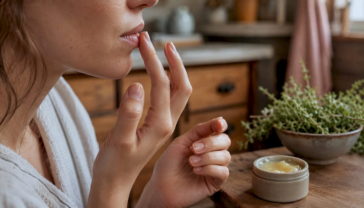 Hands warming ointment before applying to lips