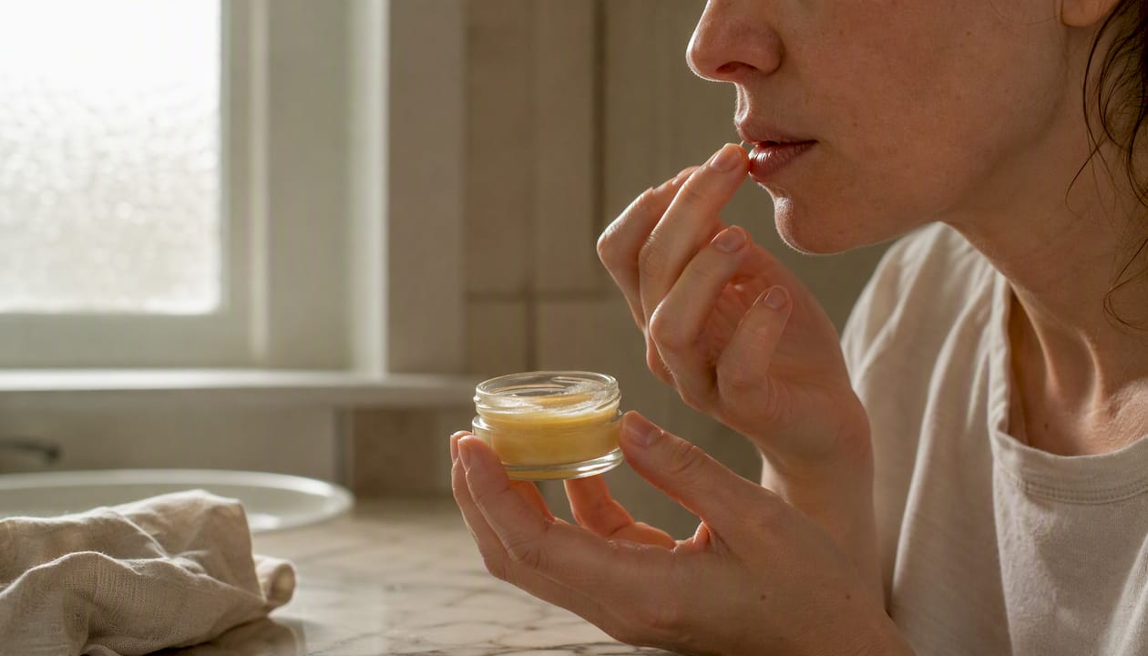 Hands applying plant-based ointment to lips