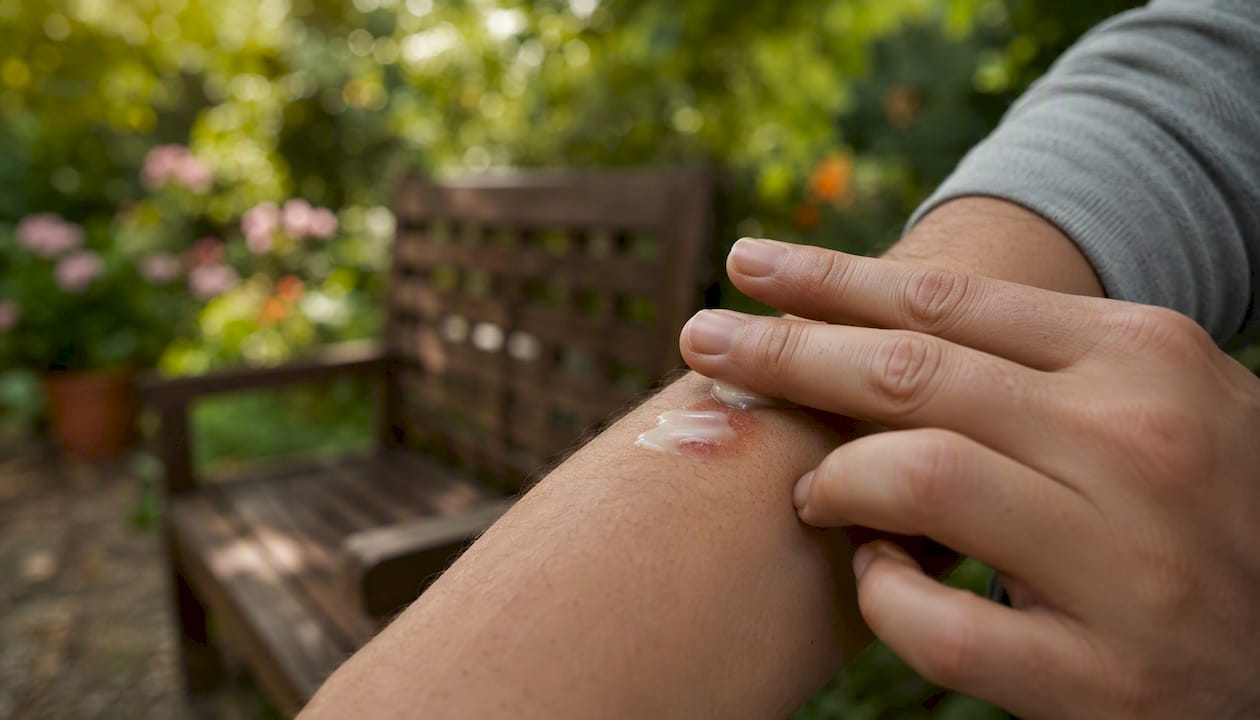 Applying plant-based healing ointment to arm wound