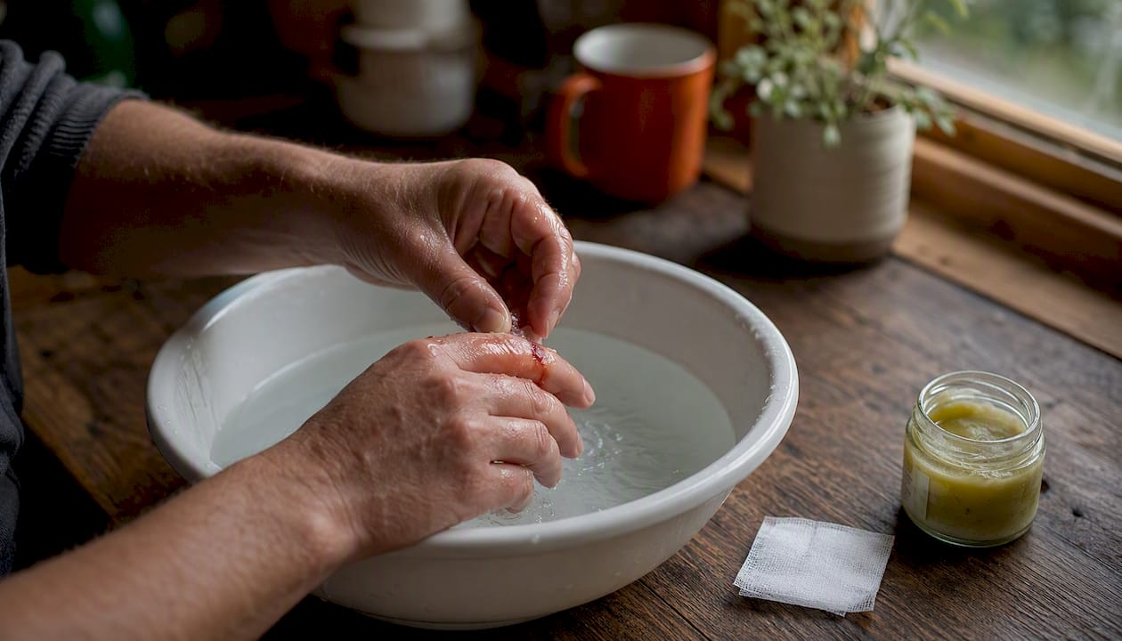 Hands cleaning a split knuckle wound at home