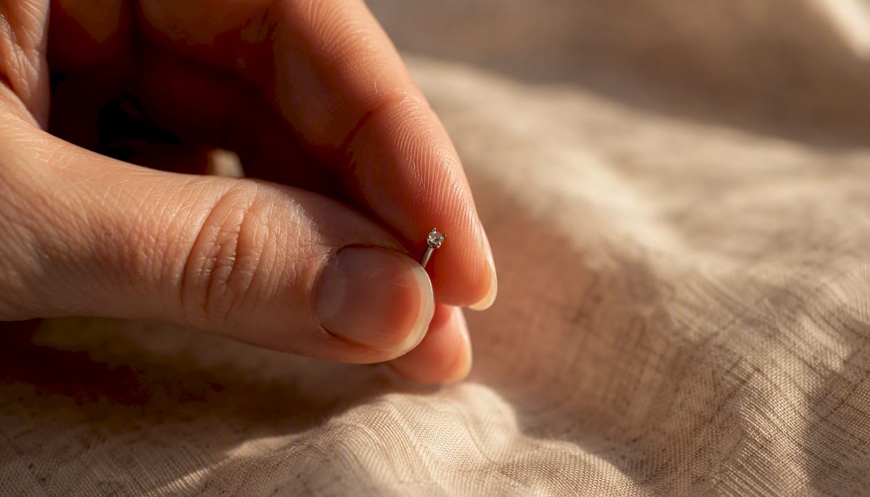 Close-up of titanium nose piercing jewelry