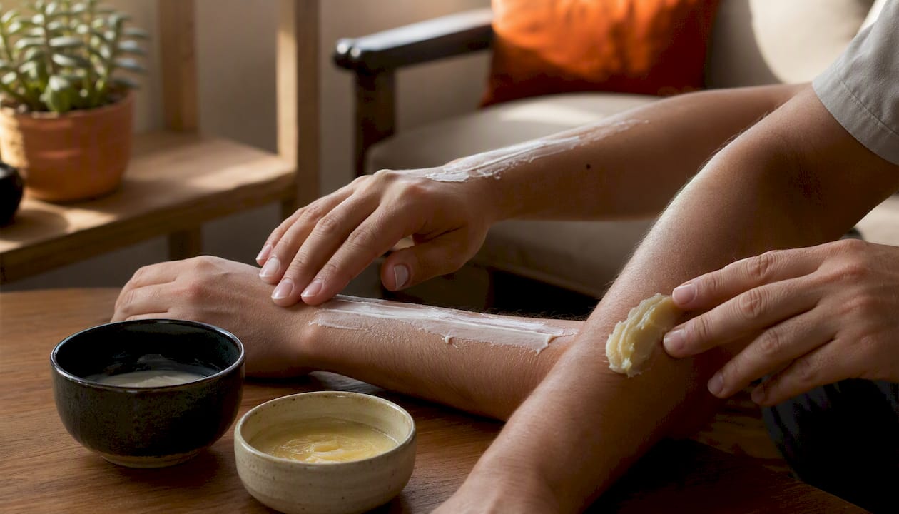 Hands applying salve and balm on skin