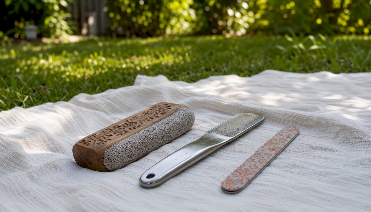 Foot exfoliation tools close-up on cloth