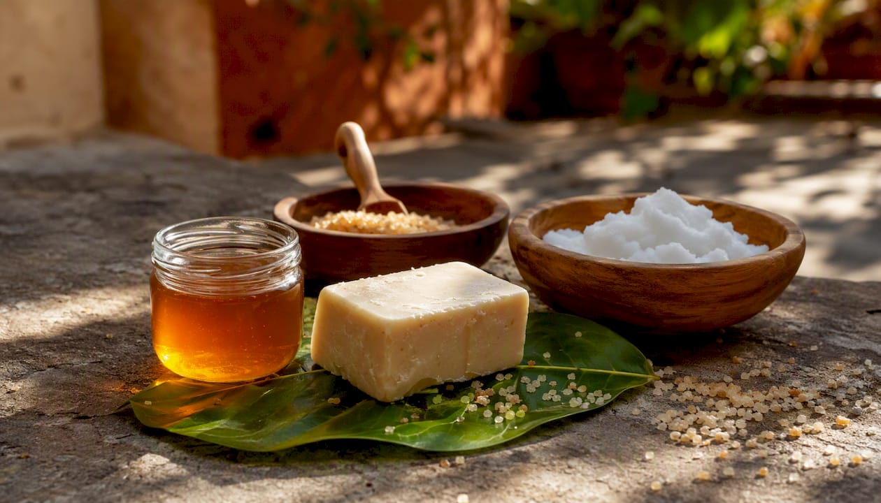 Natural foot care ingredients arranged on table