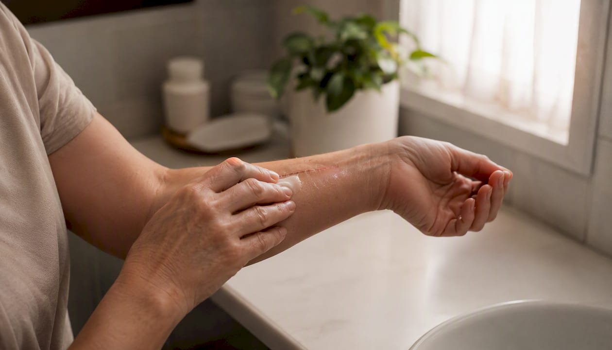 Hands gently applying herbal ointment near surgical incision