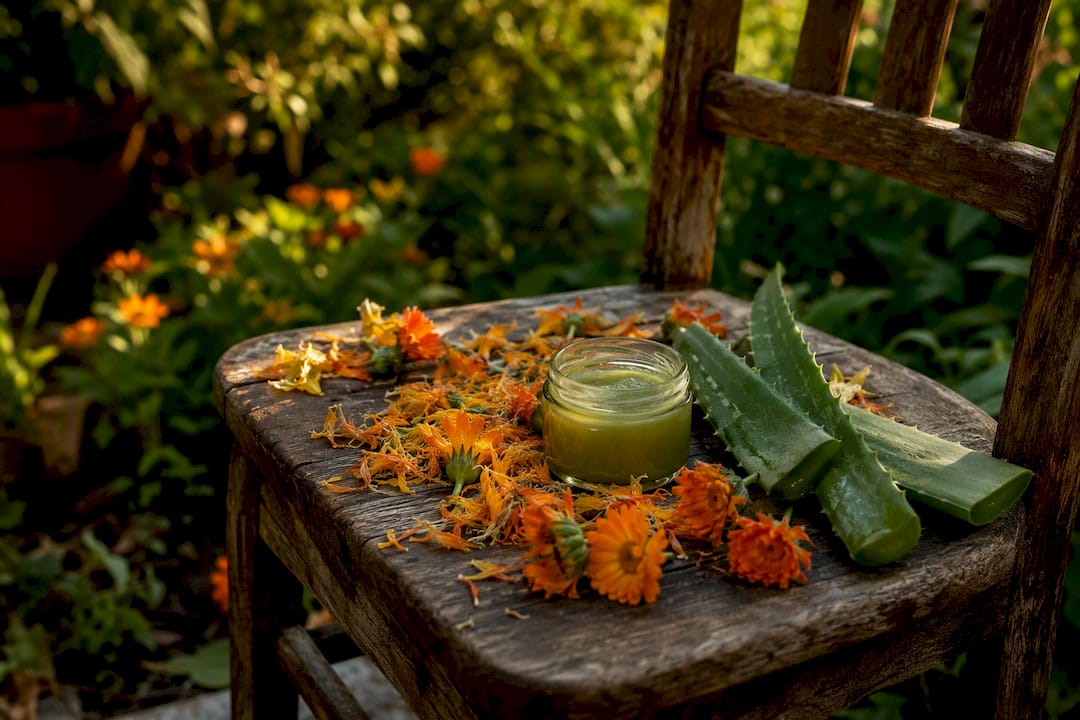 Natural healing ingredients and ointment jar