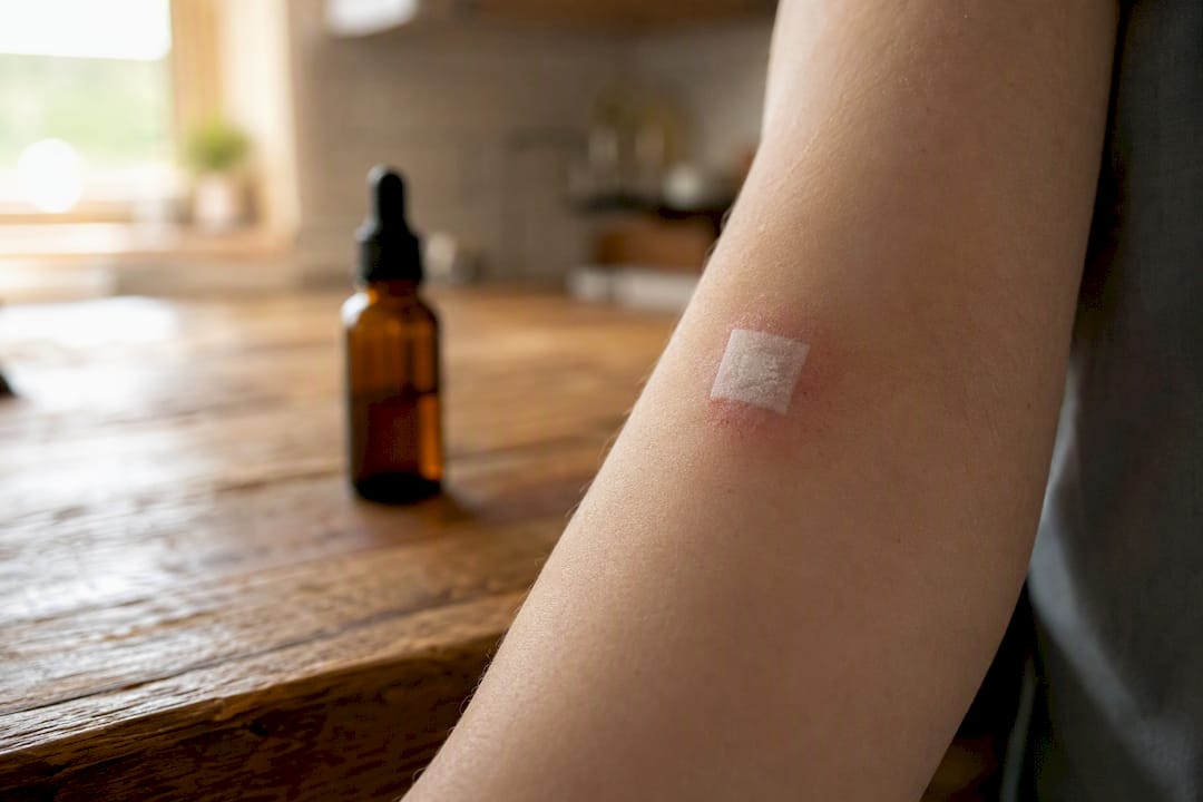 Patch test tape on inner forearm skin