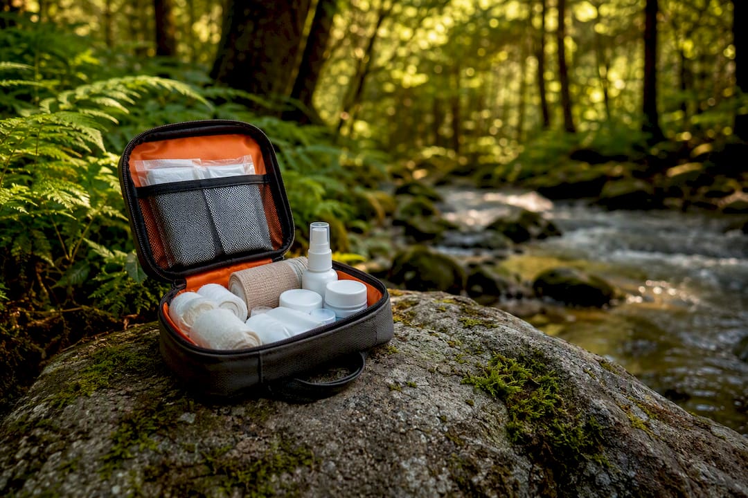 Open pet first-aid kit on forest log