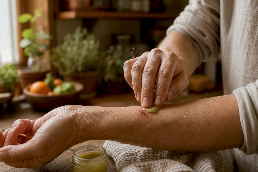 Hands applying natural ointment to wound