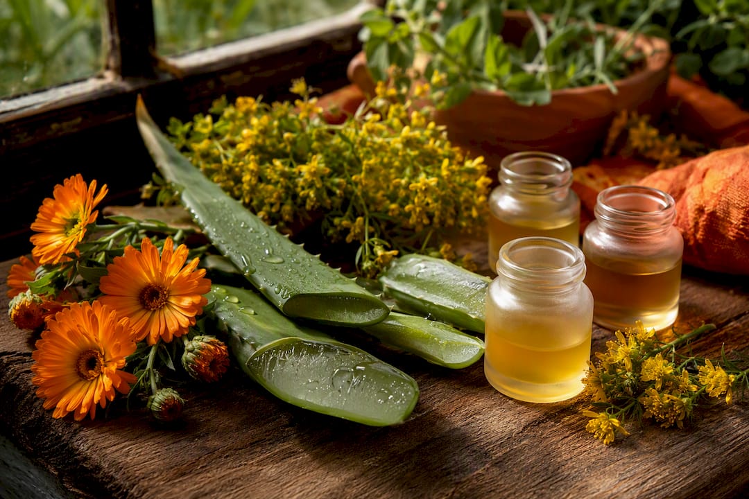 Fresh calendula, aloe vera and St. John's Wort botanicals