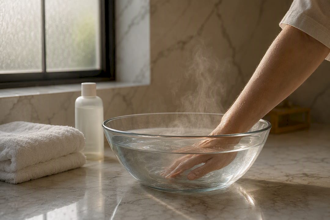 Arm gently soaking in warm water basin