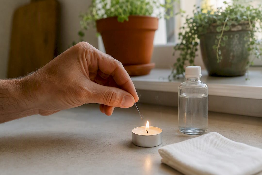 Hand sterilizing needle with flame