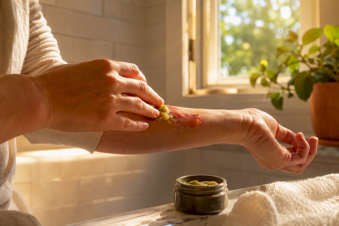 Hand applying ointment on burn blister