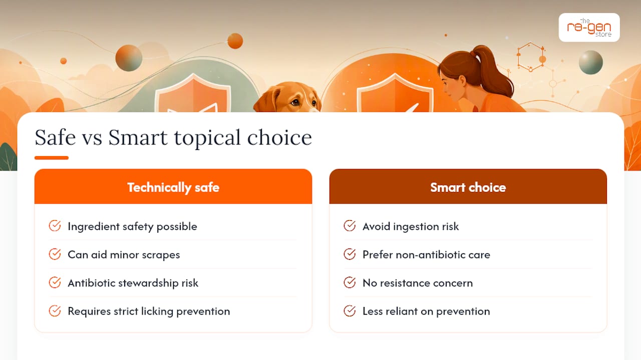 Diagram comparing safe and smart topical wound treatment choices for dogs
