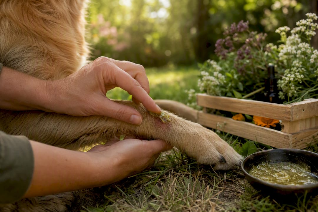 Applying plant-based ointment to dog's minor wound