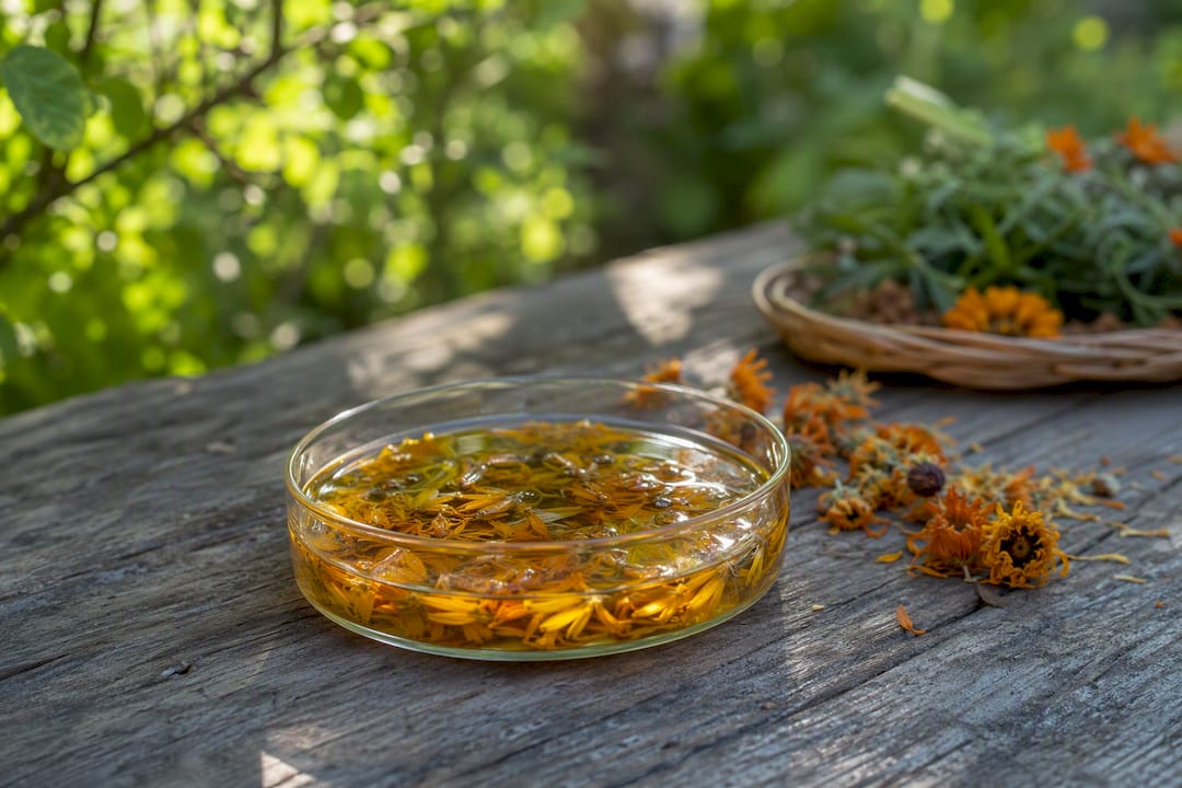 Calendula petals in petri dish with lab setup