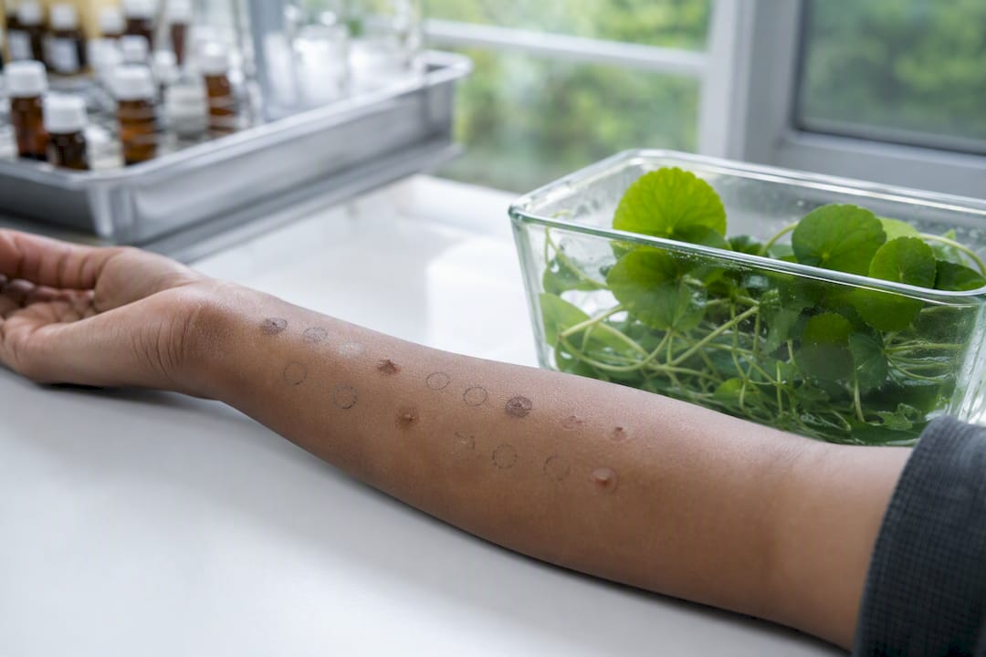 Arm with clinical scar test sites and gotu kola leaves