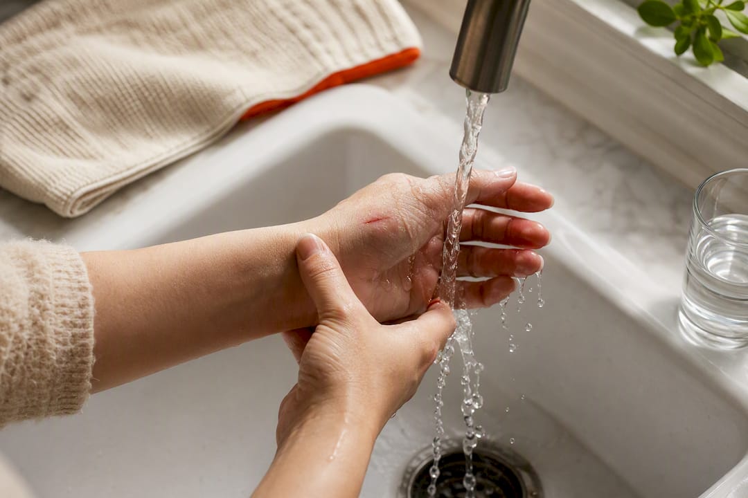 Hands rinsing a clean minor cut