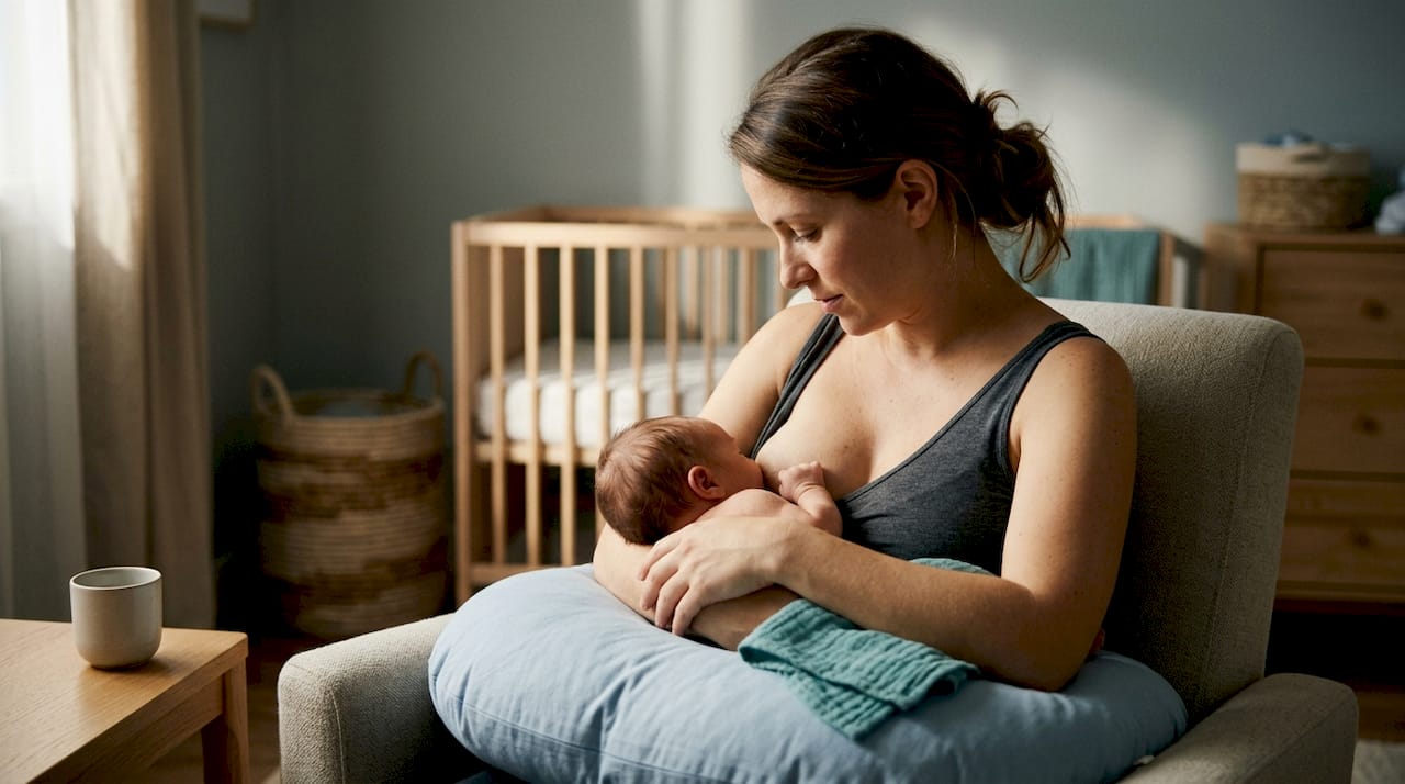 Mother breastfeeding infant in calm nursery