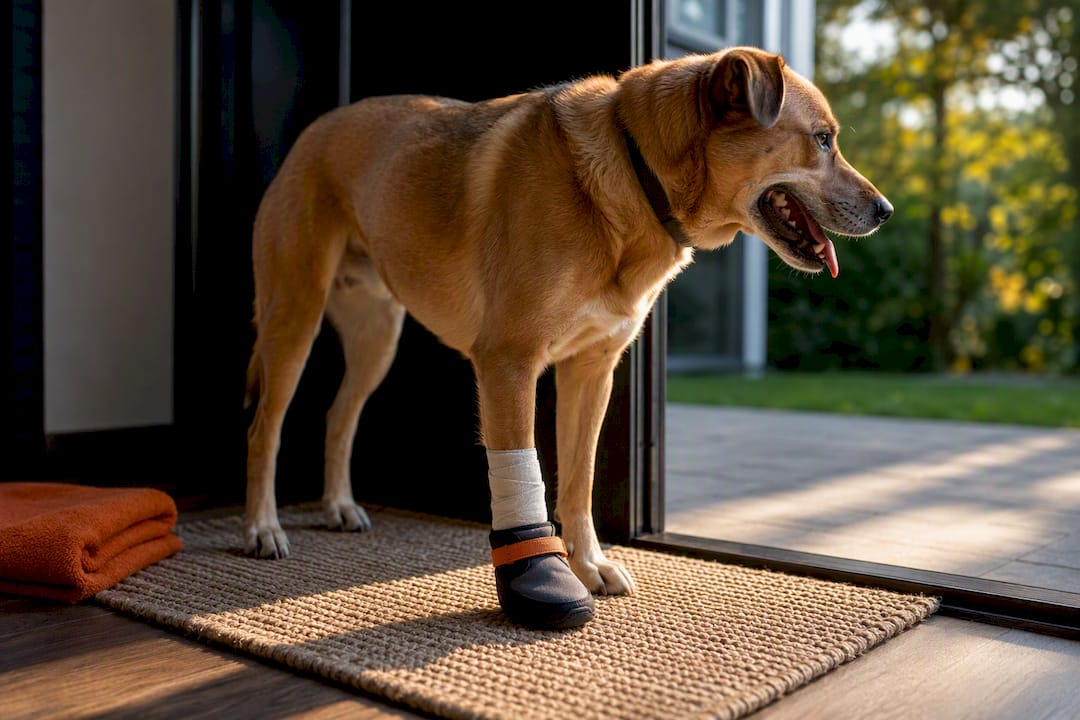 Dog wearing protective bootie over paw bandage