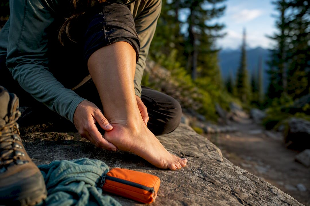 Hiker inspecting heel for an early hot spot