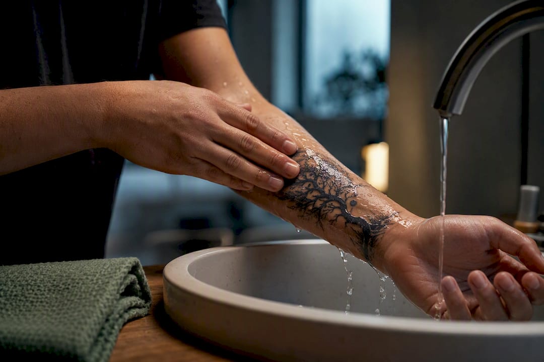 Fresh tattoo being gently rinsed clean