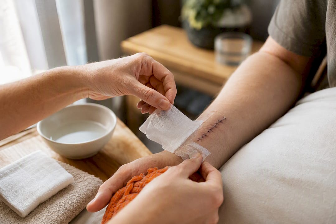 Hands gently removing dressing from stitches
