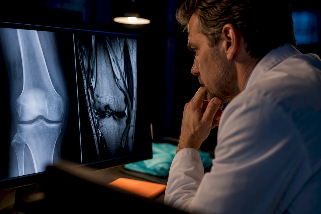 Clinician comparing X-ray and MRI bone scans