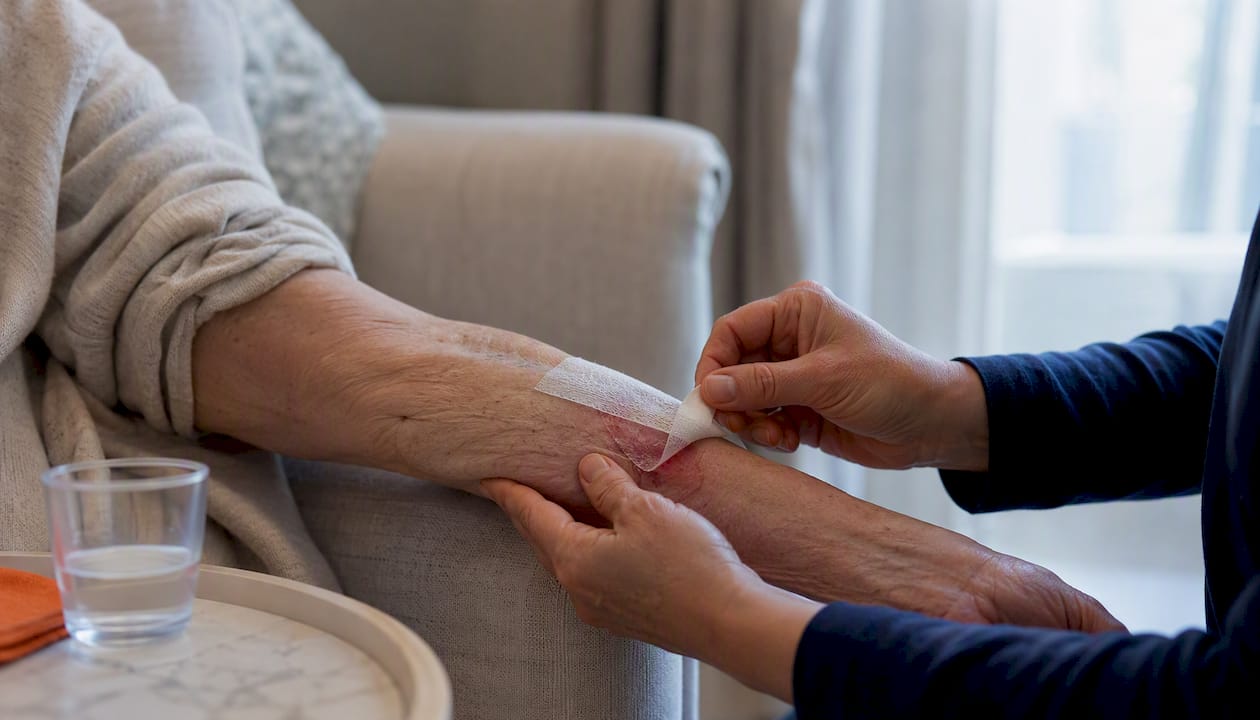 Caregiver gently removing wound dressing
