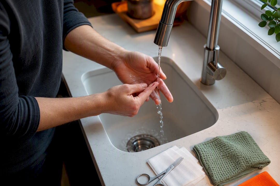 Hands rinsing a minor fingertip cut