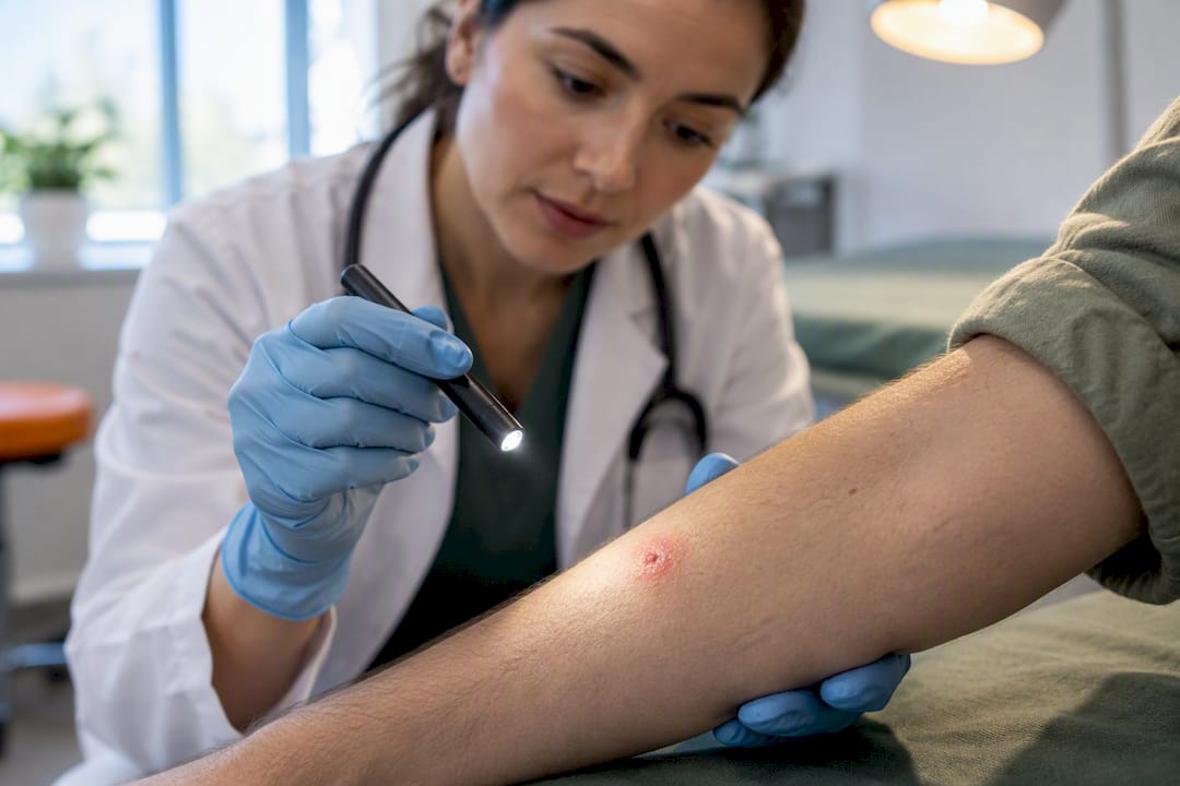 Clinician examining localized spider bite reaction