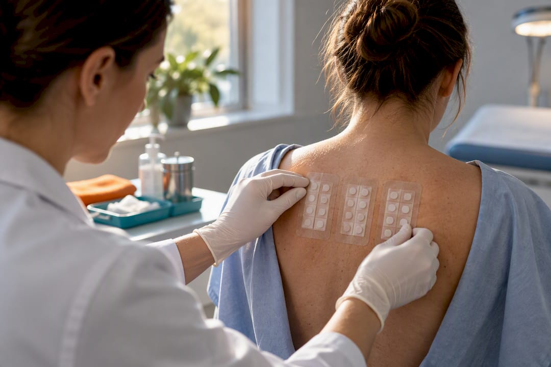 Dermatologist applying adhesive allergy test patches