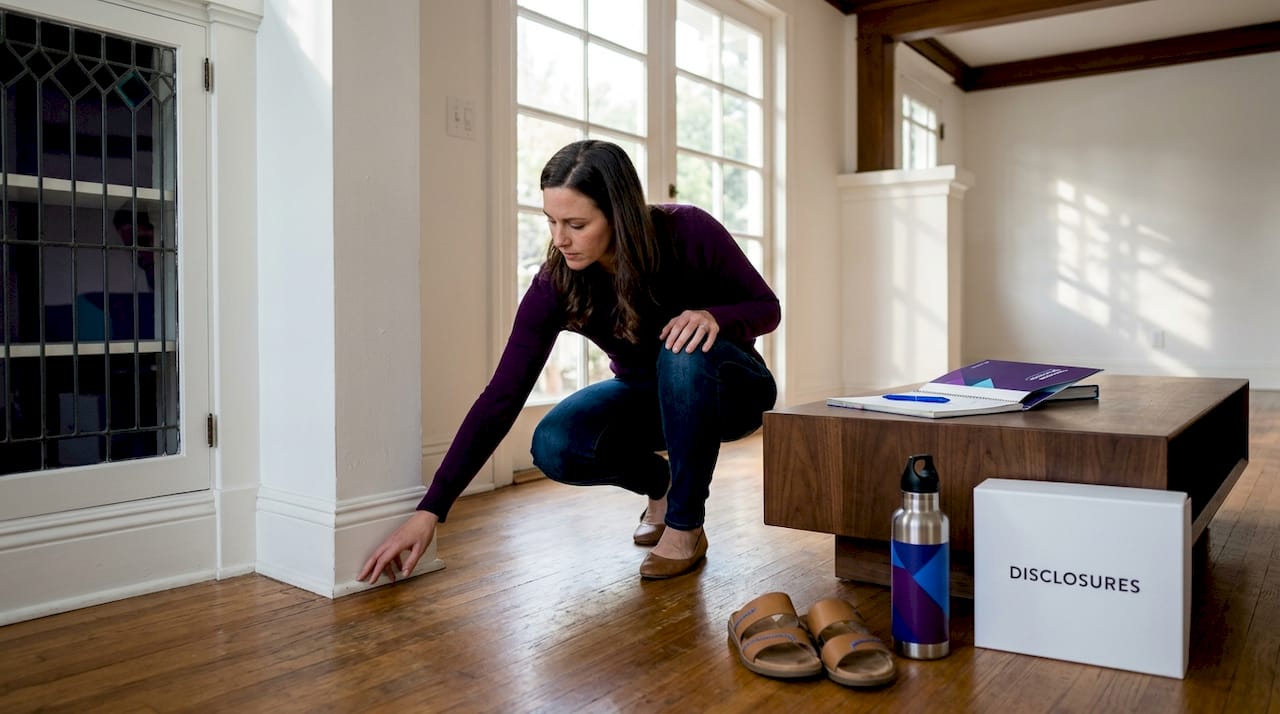 Homebuyer inspecting living room windowsill