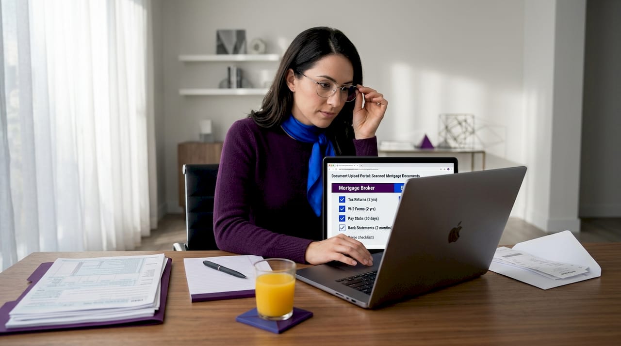 Homebuyer sorting mortgage paperwork with checklist